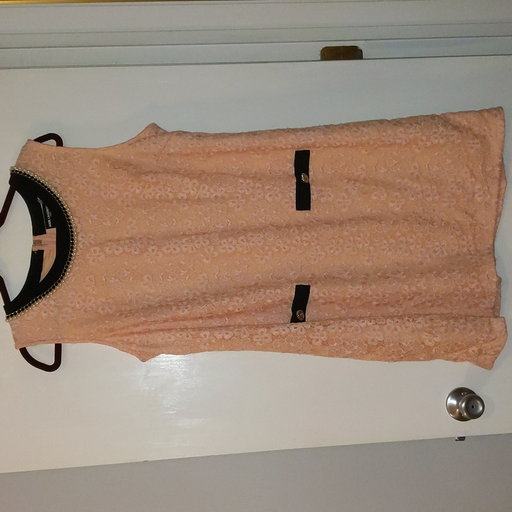 Karl Lagerfeld Peach Lace Mini Dress with Black Trim and Chain Detail